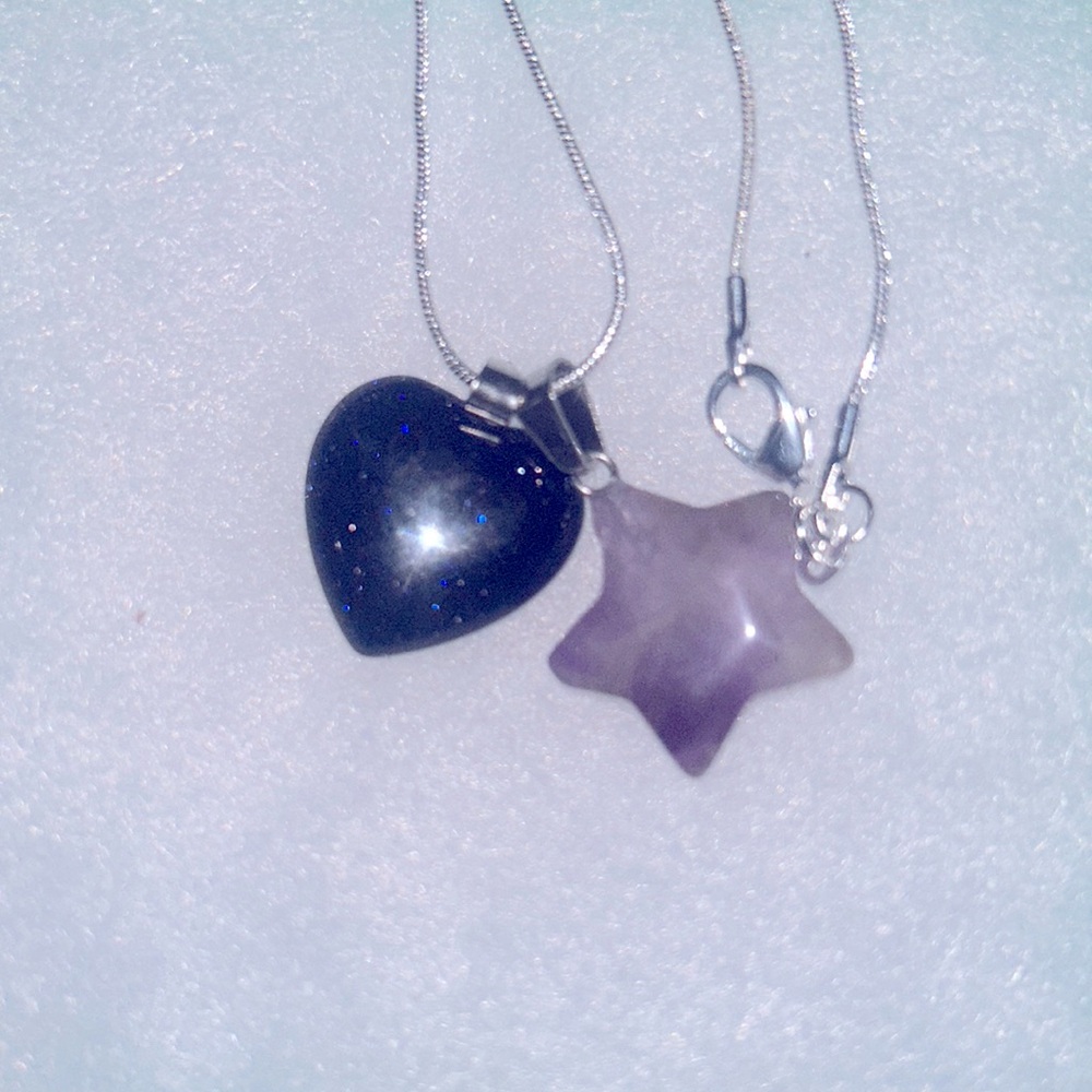 Blue Goldstone Heart ❤️ and Amethyst Star ⭐️ Sterling Silver 18” Necklace